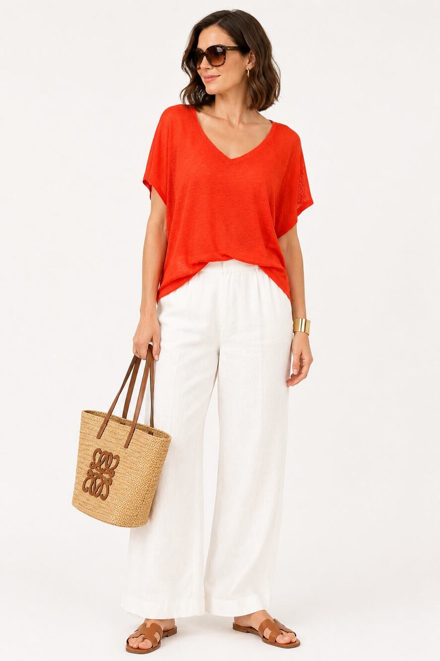 Rachel Zoe Orange Linen Knit V Neck Top M Short Sleeve Lightweight Relaxed Luxe